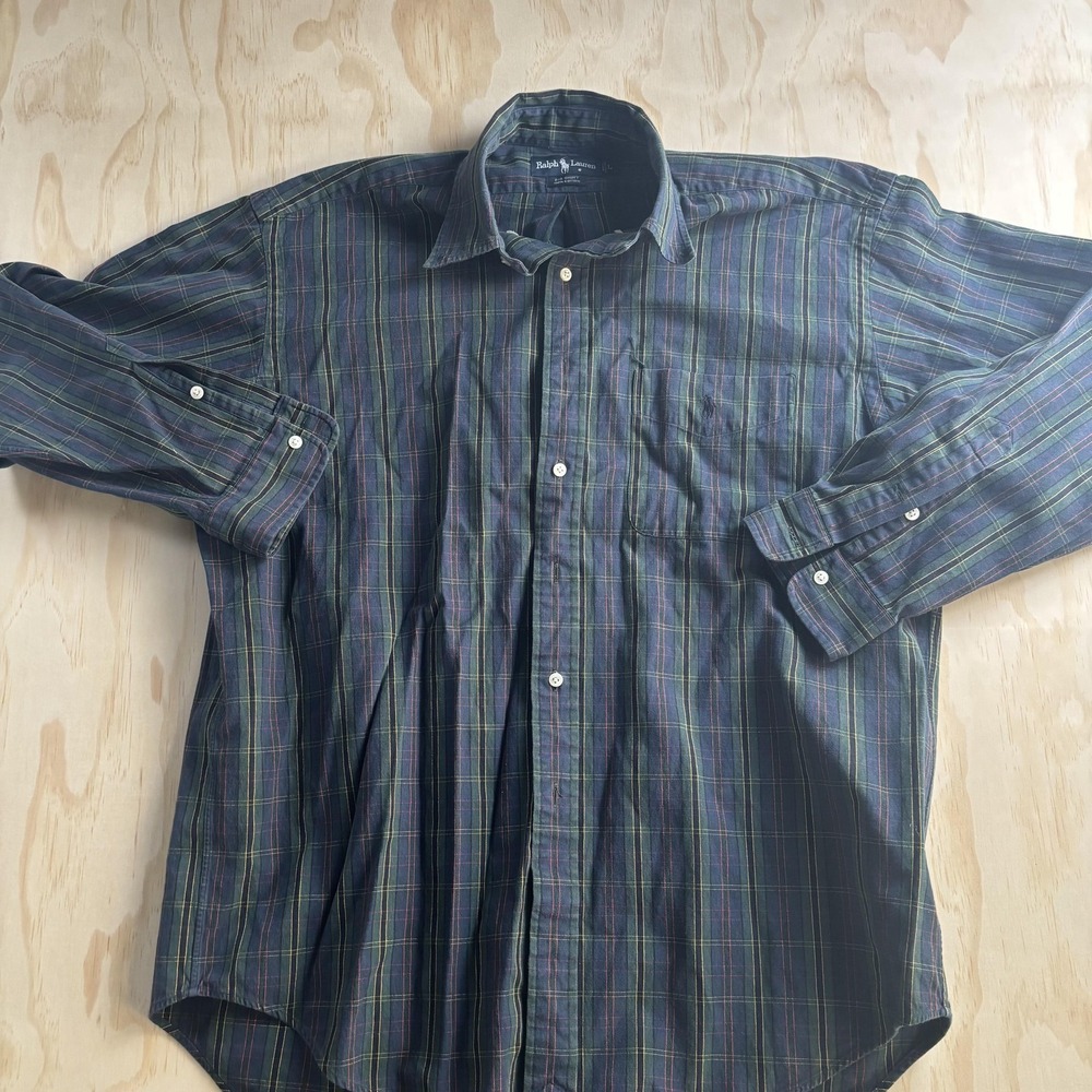 Vintage Ralph Lauren Big Shirt Mens Large‎ Green Plaid Long Sleeve Button Up